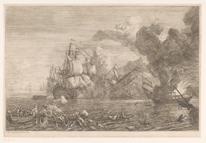 Zeeslag met brandende boot