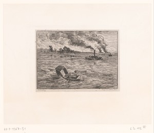 Zeezicht met stoomboten en roeiboot