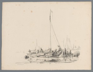 Zeilboot aan de waterkant met twee figuren