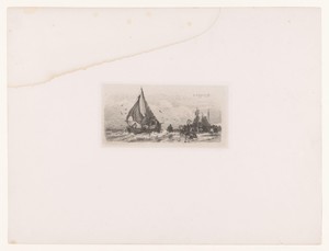 Zeilboot in de branding en mensen op het strand