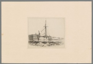 Zeilboot ligt aan de kade van Shoreham-by-Sea bij eb