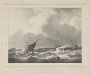 Zeilboot op hoge golven bij een haven
