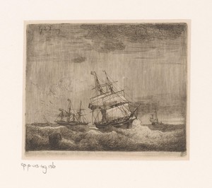 Zeilschepen en een raderstoomschip op zee