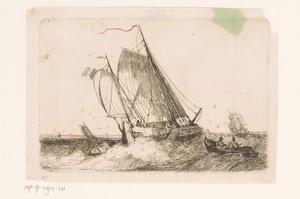 Zeilschepen en een roeiboot op onrustige zee
