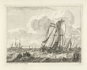 Zeilschepen en een roeiboot op open water