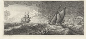 Zeilschip en drie oorlogsschepen in een zeestorm