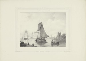 Zeilschip in een haven met ruïne