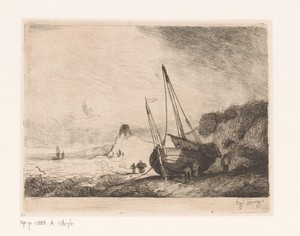 Zeilschip op het strand bij de duinen van Nieuwpoort