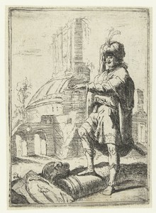 Zelfportret met Oosterse kleding staand voor ruïnes