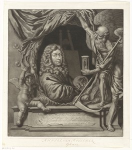 Zelfportret van Michiel van Musscher in allegorische omlijsting