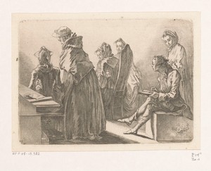 Zes dames met de kunstenaar in zijn kamer