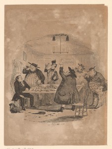 Zes drinkende mannen rond tafel