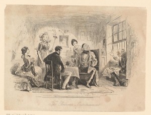 Zes figuren zittend en staand rondom een tafel