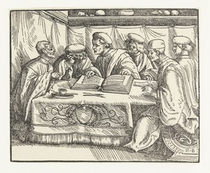Zes geleerden zitten rond een tafel