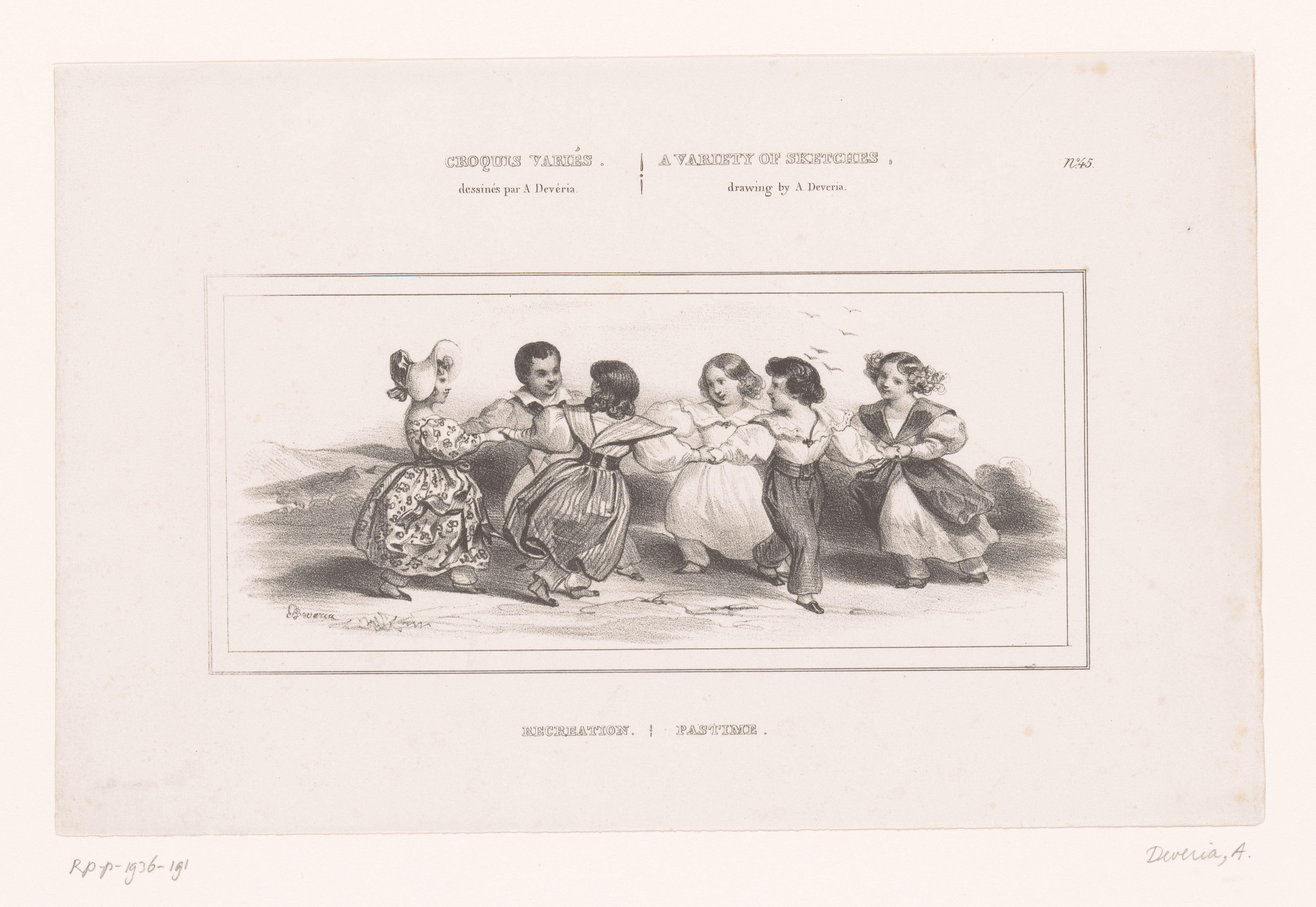 Zes kinderen dansen in een kring by Achille Devéria