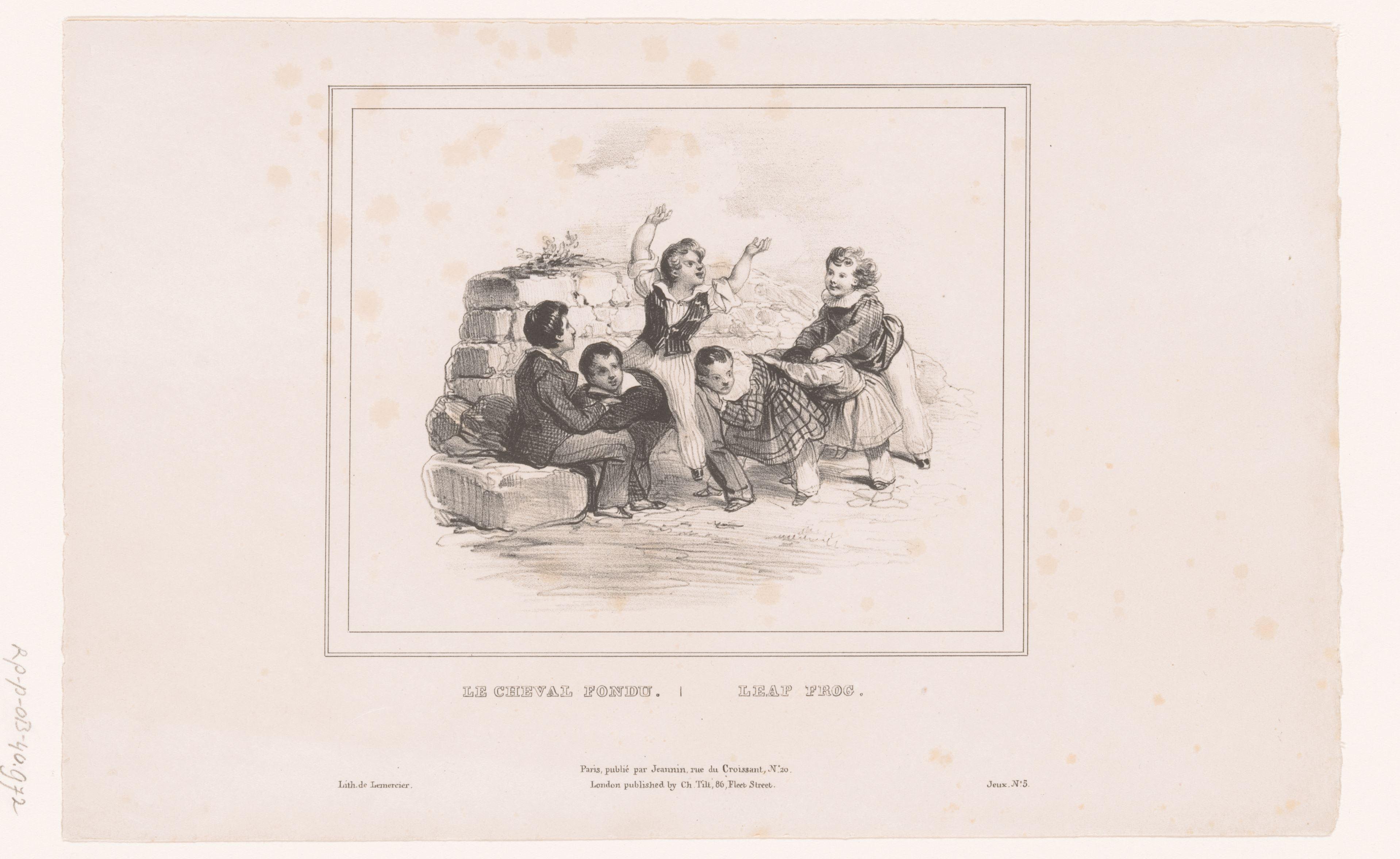 Zes kinderen spelen haasje over by Achille Devéria