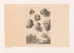 Zes mannen- en vrouwenkoppen en een landschap met dorp in de verte