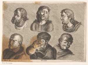 Zes mannenkoppen, waaronder Christus en een man met kaars