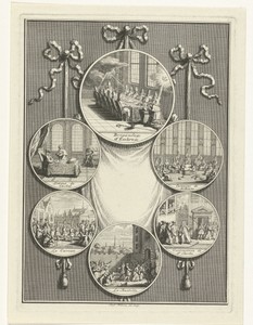 Zes medailles met voorstellingen uit de Franse geschiedenis