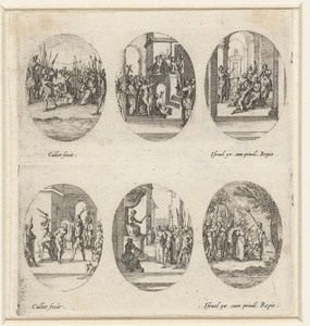 Zes Passiescènes: Kruisdraging, Christus aan het volk getoond (Ecce homo), Doornenkroning, Geseling, Christus voor Pilatus, Gevangenneming