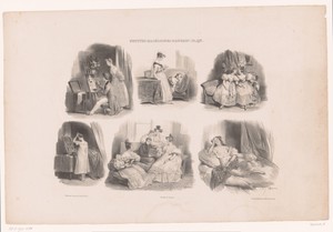 Zes voorstellingen van jonge vrouwen in een interieur