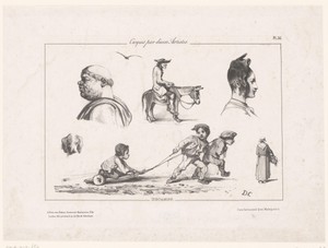 Zes voorstellingen van verschillende figuren en dieren