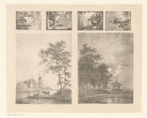 Zes voorstellingen waaronder landschappen, stadsgezichten en figuren.