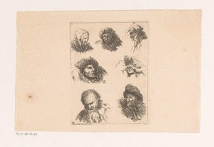 Zeven koppen van mannen en een oude vrouw