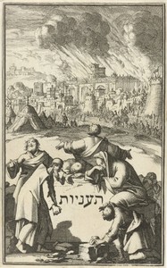 Zeven treurende en weeklagende Israëlieten omringen een steen
