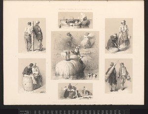 Zeven voorstellingen met figuren op het platteland