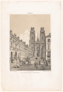 Zicht op de Rue Jeanne d'Arc en de kathedraal in Orléans