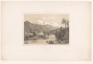 Zicht op de Vieux Pont de Saint-Martin en de Mont Blanc bij Sallanches