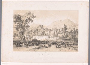 Zicht op een dorp met beestenmarkt in een vallei