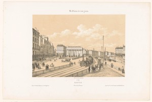 Zicht op een trein en het Palais de la Bourse in Nantes