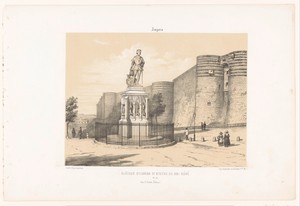 Zicht op het standbeeld van René I van Anjou en het kasteel van Angers