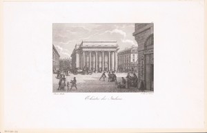 Zicht op het Théâtre des Italiens aan de Rue Favart in Parijs