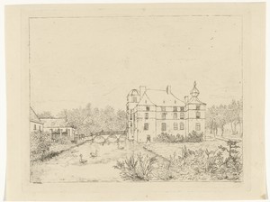Zijaanzicht van kasteel de Cannenburch met huizen bij de toegangsbrug
