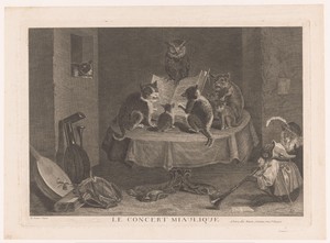 Zingende katten gedirigeerd door een uil