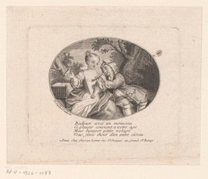 Zinnespelende scène met jongen spelend op fluit en meisje met vogel