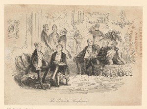 Zitkamer met acht converserende heren