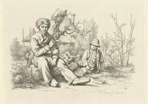 Zittende boer met pijp en een jongen