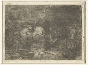 Zittende boeren aan tafel in interieur