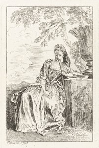 Zittende dame gekleed volgens de mode van ca. 1710