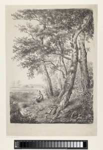 Zittende figuur in landschap met bomen