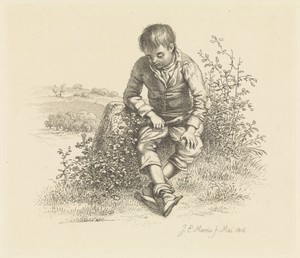 Zittende jongen in een landschap