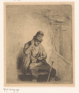 Zittende man met munt in de hand