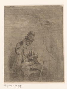 Zittende man met munt in de hand