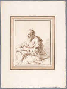 Zittende oude man, schrijvend in een boek