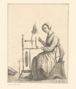 Zittende vrouw bij spinnewiel
