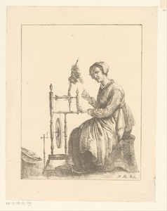 Zittende vrouw bij spinnewiel
